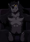  2014 aluminemsiren anthro black_nose briefs bulge canine claws clothing fur hair male mammal sitting smile solo topless underwear wolf yellow_eyes 