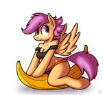  anthro banana breasts clothing dithering equine female food friendship_is_magic fruit hair looking_at_viewer mammal my_little_pony pegasus pixel_art plain_background purple_eyes purple_hair scootaloo_(mlp) smile solo suggestive suggestive_food tg-0 white_background wings young 