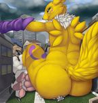  3_toes ambiguous_gender anthro back bandai black_nose building butt butt_crush canine claws digimon duo edit fox fur macro male mammal paws renamon smile suggestive teaselbone toe_claws toes wolf 