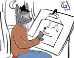  2014 anthro canine clothing colored drawing male mammal night painting sitting sketch smile solo table the_great_wolfgang window wolf 
