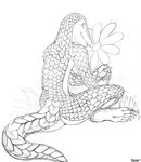  anthro back bald claws flower greyscale looking_at_viewer looking_back male monochrome nude outside pango_(shiuk) pangolin plain_background plant scalie shiuk sitting smile solo traditional_media_(artwork) white_background 