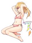  armpits arms_behind_head arms_up bangs bare_arms bare_legs bare_shoulders barefoot bikini blonde_hair breasts collarbone commentary_request crystal eyebrows_visible_through_hair flandre_scarlet full_body groin hair_between_eyes light_smile long_hair miyo_(ranthath) navel no_hat no_headwear one_side_up red_bikini red_eyes side-tie_bikini simple_background small_breasts solo stomach striped swimsuit thighs touhou vertical-striped_bikini vertical_stripes white_background white_bikini wings 