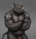  anthro belly biceps big_muscles black_skin blue_eyes crossed_arms fishbook5 flaccid grey_skin hendrik horn humanoid_penis krokodainer looking_at_viewer male mammal muscles nude pecs penis plain_background pose rhinoceros scalie smile solo vein 