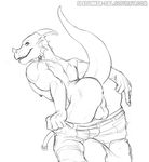  anthro anus back backsack balls belt bent_over butt claws clothing dragon grin horn looking_at_viewer looking_back male monochrome mooning muscles pants pants_down plain_background presenting presenting_hindquarters raised_tail rear_view scalie solo spelunker_sal teasing topless turi_shadowscale turishadowscale white_background 