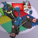  alcohol anus arms_behind_back balls beverage bound butt gag iceman legs_up looking_at_viewer lube lucario lying male nintendo on_front pok&eacute;mon rear_view red_eyes solo spreader_bar video_games 