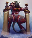  2014 anthro armor big_breasts bovine breasts cattle clothed clothing convincing_weapon female green_eyes horn looking_at_viewer magic_user mammal seme87 solo spread_legs spreading sword tauren tribal_spellcaster video_games warcraft weapon world_of_warcraft 