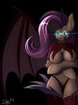  2014 anthro areola bat_pony breasts equine fangs female flutterbat_(mlp) fluttershy_(mlp) friendship_is_magic fur glowing glowing_eyes hair halloween hi_res holidays long_hair looking_at_viewer mammal membranous_wings my_little_pony pink_hair silverfox057 solo wings yellow_fur 