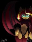  2014 anthro clothing demon equestria_girls equine fangs female fur glowing glowing_eyes hair horn hybrid long_hair looking_at_viewer mammal midriff my_little_pony pubes silverfox057 solo succubus sunset_shimmer_(eg) teeth tuft unicorn wings 