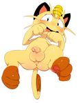  anthro anus balls blush feline humanoid_penis lying male mammal meowth nintendo on_back pawpads paws penis plain_background pok&eacute;mon precum solo sunibee tears uncut video_games white_background 