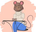  anthro brown_fur cheek_tuft clothed clothing eyes_closed eyewear female front_view fur glasses jeans low-angle_shot mammal mouse pink_nose rodent round_ears sitting smile solo sweater thick_thighs wide_hips 