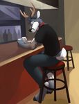  anthro antlers bar bar_stool beverage bottles cervine clothed clothing deer hair horn inside jailbird jaiy jeans male mammal shirt short_hair sitting solo stare 