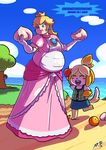  animal_crossing anthro axel-rosered belly canine clothing dog duo female hair human inflation isabelle_(animal_crossing) mammal mario_bros nintendo princess_peach red_hair video_games weight_gain 