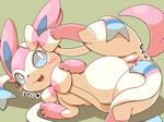  2014 blue_eyes blush canine crepix eeveelution female feral fur green_background lying mammal nintendo on_side open_mouth plain_background pok&eacute;mon presenting pussy pussy_juice solo spread_pussy spreading sylveon video_games 