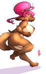  2014 anthro areola big_breasts blue_eyes breasts brown_fur butt canine collar dog female fur hair hollandworks long_hair luvon mammal nipples nude open_mouth pink_hair plain_background ponytail roxanne_valentine smile solo spots standing tan_fur teeth tongue white_background 