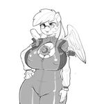  2014 anthro big_breasts breasts cleavage clothed clothing derp_eyes derpy_hooves_(mlp) equine eyeshadow eyewear female friendship_is_magic glasses greyscale hair kevinsano makeup mammal monochrome my_little_pony nipple_bulge pegasus piercing skinsuit solo tongue tongue_out wings 