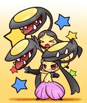  black_hair blush concave_(artist) cosplay dress eyes_closed female gloves hair hydreigon mawile mega_evolution mega_mawile navel nintendo open_mouth pok&eacute;mon red_eyes teeth video_games 