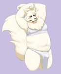  anthro big_belly blush bulge canine chubby clothing fox fur gingitsune gintaro hicanyoumooforme loincloth looking_at_viewer male mammal mane solo thick_tail white_fur 