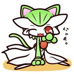  animal_ears anthro cat_ears cat_tail concave_(artist) dress feline female furrification gardevoir green_hair hair japanese_text looking_at_viewer mammal nintendo one_eye_closed open_mouth pok&eacute;mon red_eyes solo text video_games wink 