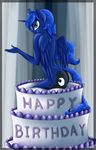  abstract_background anthro bedroom_eyes blue_eyes blue_fur blue_hair breasts butt cake cutie_mark english_text equine feathers female food friendship_is_magic fur hair happy_birthday horn inside long_hair looking_at_viewer mammal my_little_pony presenting princess_luna_(mlp) rear_view rulsis smile solo text winged_unicorn wings 