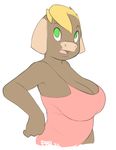  anthro big_breasts blonde_hair bovine breasts brown_fur clothed clothing female fur green_eyes hair mammal pbrown pink_clothes solo 