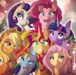  2014 applejack_(mlp) blonde_hair blue_eyes cowboy_hat dennybutt equestria_girls equine fangs female feral fluttershy_(mlp) freckles friendship_is_magic green_eyes group hair hat horn horse looking_at_viewer male mammal my_little_pony one_eye_closed pinkie_pie_(mlp) pony purple_eyes rainbow_dash_(mlp) rarity_(mlp) spike_(mlp) sunset_shimmer_(eg) tongue tongue_out twilight_sparkle_(mlp) unicorn winged_unicorn wings wink 