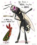 abstract_background actini ambiguous_gender angry antennae anthro arguing arthropod crown duo english_text insect moth multi_limb nyomi nyomi_naohm size_difference standing text wasp wings 