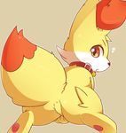  ambiguous_gender anus canine collar darkk featureless_crotch fennekin feral fox fur looking_at_viewer looking_back mammal nintendo plain_background pok&eacute;mon solo video_games yellow_fur 