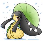  black_hair blush brown_eyes concave_(artist) female hair leaf looking_at_viewer mawile nintendo parasol pok&eacute;mon raining smile solo teeth video_games 