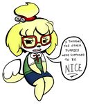  animal_crossing anthro black_nose braces canine clothing english_text eyewear female fur glasses isabelle_(animal_crossing) looking_at_viewer mammal nintendo open_mouth solo text tongue unknown_artist video_games white_fur yellow_fur 
