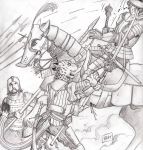  0laffson 2018 anthro armor blood cheetah equine feline feral holding_object holding_weapon horse human mammal melee_weapon open_mouth sword teeth traditional_media_(artwork) weapon 