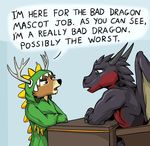  2014 ambiguous_gender anthro antlers bad_dragon cervine claws costume crossed_arms deer desk dragon duke_(bad_dragon) duo english_text horn humor male mammal scalie text tirrel western_dragon wings 