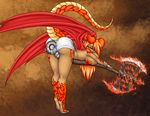  aldergames anthro axe big_breasts big_butt breasts butt clothing corruption_of_champions dragon female fire horn kiha_(coc) looking_at_viewer scalie topless underwear weapon wings 