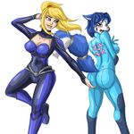  anthro big_butt blonde_hair blue_eyes blue_fur blue_hair blush breasts butt butt_grab camel_toe canine cheek_tuft cleavage clothed clothing crossover duo ears_back embarrassed female fluffy_tail fox fur green_eyes hair hand_on_butt human krystal lesbian long_hair mammal metroid nintendo open_mouth plain_background ponytail rear_view samus_aran short_hair side_boob smile star_fox video_games white_background zero_suit 