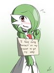  blush breasts collar dress english_text female gardevoir green_hair hair humanoid nintendo open_mouth plain_background pok&eacute;mon pok&eacute;shaming rakkuguy_(artist) red_eyes solo sweat text video_games 