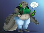  alligator anthro big_breasts breasts claws clothed clothing english_text fangs female gamer mountain_dew navel necklace obese overweight piercing reptile revadiehard scalie solo spikes text 