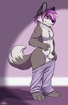  anthro anuv balls black_penis canine clothed clothing hair half-dressed male mammal muzz pants pants_down partially_clothed penis penis_tip purple_hair sheath solo standing topless undressing wide_hips wolf 