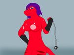  anthro big_breasts blue_eyes breasts chain cracklevania_(artist) female hair lizard looking_at_viewer navel nipples nude nykka_(character) plain_background purple_hair reptile scalie solo thony_dog 