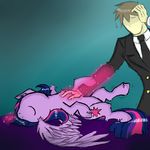  2014 bed brown_hair clothing cute cutie_mark equine faceless_male female friendship_is_magic glowing hair horn horse human ichibangravity lying magic male mammal multicolored_hair my_little_pony necktie on_back petting purple_hair rubbing sparkles suit twilight_sparkle_(mlp) winged_unicorn wings 