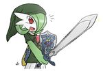  cosplay crossover cute female gardevoir green_hair hair hat humanoid link nintendo open_mouth plain_background pok&eacute;mon rakkuguy_(artist) red_eyes shield solo sword the_legend_of_zelda tunic video_games weapon 