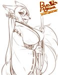  anthro big_breasts black_nose breasts canine clothing digital_drawing_(artwork) eyewear female fox fur glasses hair huge_breasts japanese_clothing kemono long_hair looking_at_viewer mammal monochrome multiple_tails plain_background ryo_agawa shrine_maiden smile solo 