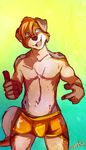  2014 anthro arcticorange australian_shepherd border_collie briefs bulge canine clothing dog fur hair looking_at_viewer male mammal open_mouth pointing pose smile solo standing teeth thumbs_up topless underwear 