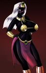  alien big_breasts black_skin breasts cleavage clothed clothing female hair hands_on_hips huge_breasts looking_at_viewer necklace purple_eyes queen_tyr&#039;ahnee solo unknown_artist white_hair 