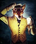  anthro black_nose canine claws clothing eyebrows fur littlefreckles male mammal nails necktie simple_background solo steampunk vest yellow_eyes 