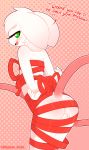  2018 absurd_res anthro backsack balls bdsm blush butt dialogue english_text fur gift_wrapped girly green_eyes hair half-closed_eyes halftone_background hi_res male mammal mouse open_mouth pattern_background reggie_(whygena) restrained rodent simple_background solo text white_fur white_hair whygena 