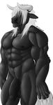  abs anthro balls biceps big_muscles big_penis black_fur black_nipples bovine cattle flaccid fur green_eyes grey_hair hair horn humanoid_penis male mammal muscles nipples nude pecs penis plain_background pose solo toned uncut vein white_background zwolf 