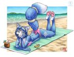  4_toes alcohol anthro beach beverage bikini blue_fur canine clothing female fox fur hindpaw kacey krystal looking_at_viewer mammal nintendo outside pawpads paws pinup pose seaside soles solo star_fox swimsuit tail_ring toes towel video_games white_fur 