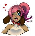 &lt;3 2014 alpha_channel anthro black_nose blue_eyes blush breasts brown_fur bust_portrait canine cleavage clothed clothing collar dog female fur hair hollandworks looking_at_viewer mammal one_eye_closed open_mouth pink_hair ponytail roxanne_valentine smile spots tan_fur teeth tongue unregisteredcat 