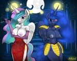  2014 anthro anthrofied armor blue_eyes breasts cigarette cigarette_holder clothed clothing crossover cutie_mark dragon_ball dragon_ball_z dress duo elbow_gloves equine female friendship_is_magic gloves gold hair horn malamol mammal multicolored_hair my_little_pony navel nipples piercing princess_celestia_(mlp) princess_luna_(mlp) purple_eyes scouter smoke smoking sparkles visor winged_unicorn wings 