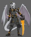  2014 anthro armor clothed clothing cyberpunk dragon glowing grey_background hair horn kazvil long_hair male markings plain_background scalie solo standing sword veck weapon white_hair wings 