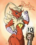  abs anthro avian beak bird blaziken blue_eyes breasts clothing duo english_text eyewear female glasses human jacket male mammal muscles muscular_female nintendo open_mouth pok&eacute;mon rakkuguy_(artist) shirt tan_hair text tongue video_games 